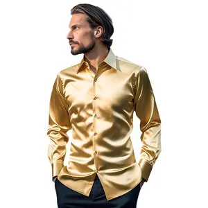 Solid-color simulation silk satin shiny surface new men's nightclub long-sleeved shirt, solid-color trendy men's shirt Jacket Tops Classic Leather Menswear Aesthetic Breathable Imitation Minimalist Overall Silky Small Smooth Beige Plain White