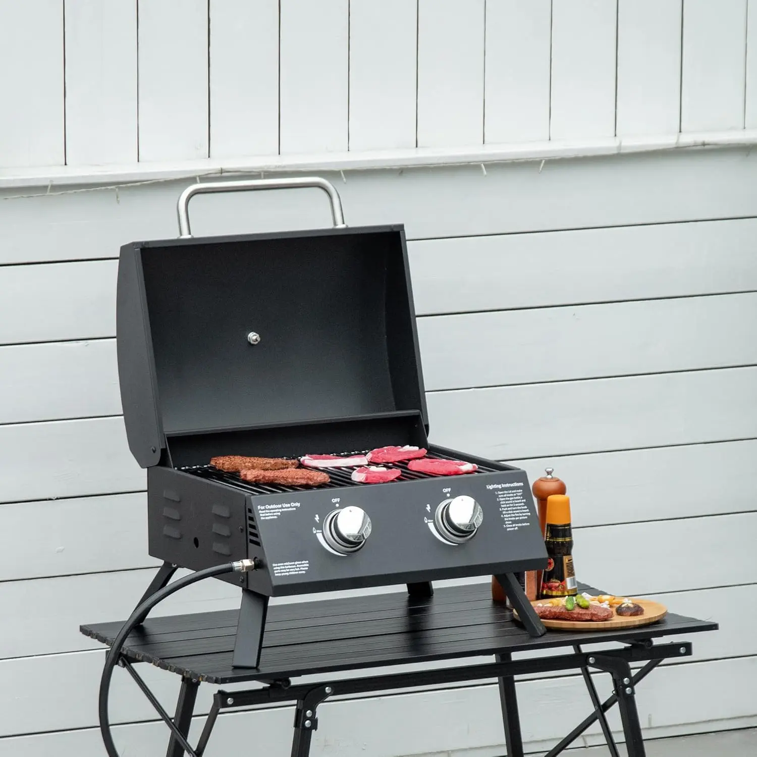 Crestholm 2-Burner Portable Propane Tabletop Grill, 20,000 BTU with Piezo Ignition, Lid, Built-In Thermometer, Foldable Legs & Pull-Out Ash Tray for Camping, Picnic, Backyard
