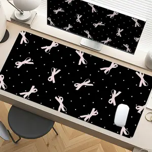 Black - Pink Bow Pattern Mouse Pads Gaming Mouse Pad Extended Mouse Pad Computer Desk Mat Desk Accessories with Non - Slip Rubber Base Stitched Edges Surface, Elegant Girly Style for PC Gamers, Office Workers & Home Use