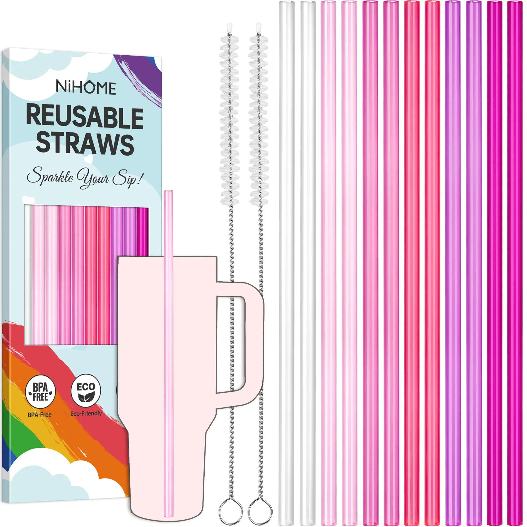 NiHome 12-Pack BPA-Free Transparent Reusable Plastic Straws, 12in, 6 Colors, Fits 30oz/40oz/64oz Tumblers, W/2 Cleaning Brushes, For Cold & Hot Beverages, Straw