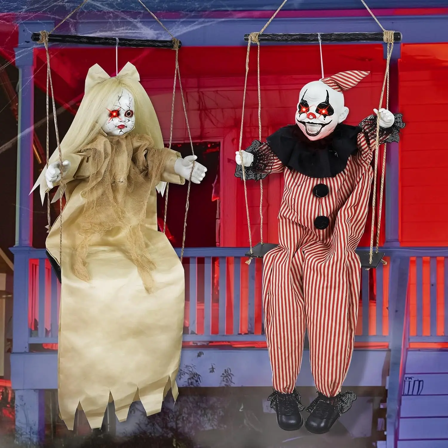 2 Pack Hanging Halloween Decorations Outdoor Swinging Clown & Girl Ghost | 40" Scary Halloween Prop, Sound Activated, Glowing Eyes, Creepy Sounds, Porch/Yard/Haunted House/Party Decor
