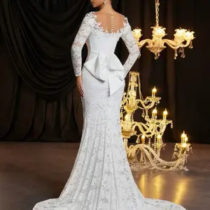 Elegant Romantic Full Lace Placement Floral Sheer Long Sleeve High Collar 3D Embroidery Form-Fitting High Waist Slimming Fish Tail Long Train Detachable Oversized Bow Wedding Dress, White Bridal Dress,Bride, For Valentine's Day