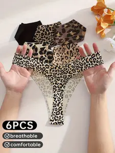6-Pack Solid Color Animal Leopard Print Invisible Thong Panties, Womenswear, Valentine's Day Gift, Casual Fitted Style Underwear, All Seasons
