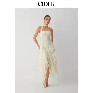 Cider Asymmetric Lace Strapless Maxi Dress with Choker Scarf