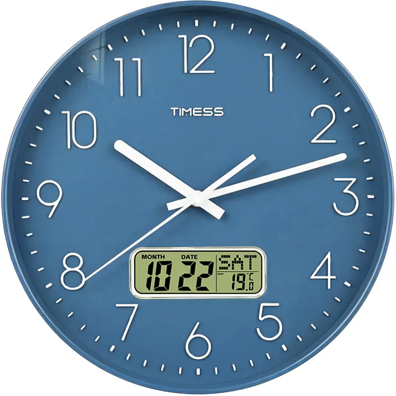 TIMESS Modern Minimalist Round Decorative Glass/Plastic Wall Clock - Digital, Large Screen, Big Numbers, Temp+Date, Weekday, Silent Sweep, Battery Operated, Home Decor for Living Room, Digital Clocks for Bedrooms, Holiday Birthday Gift
