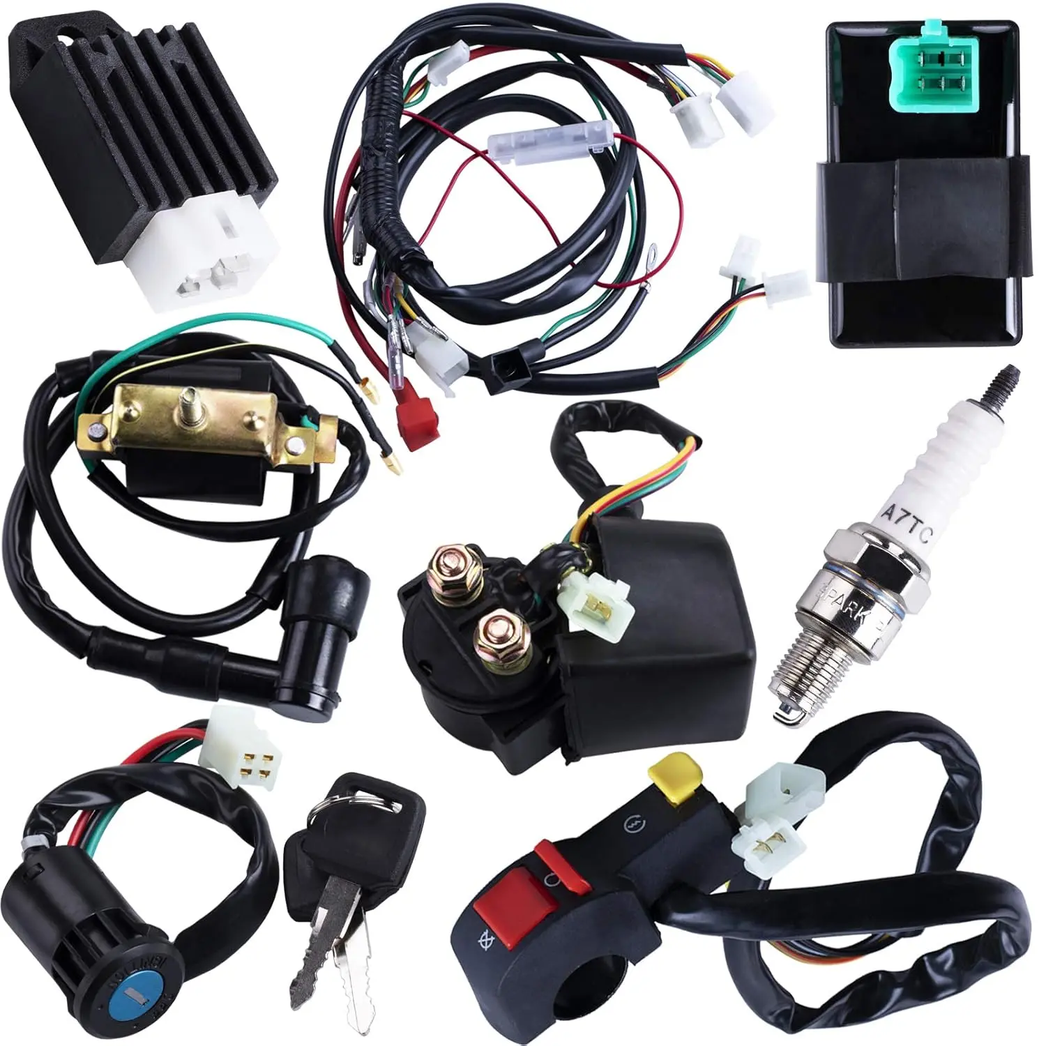 OTOANS AUTOMOTIVE 1x Wiring Harness Coil Loom Functional Kit - Regulator, CDI, Solenoid, Spark Plug, Waterproof Key for 4-Stroke 50cc-125cc Electric Start Dirt Pit Bike Engine, Black (1 Set), One Set