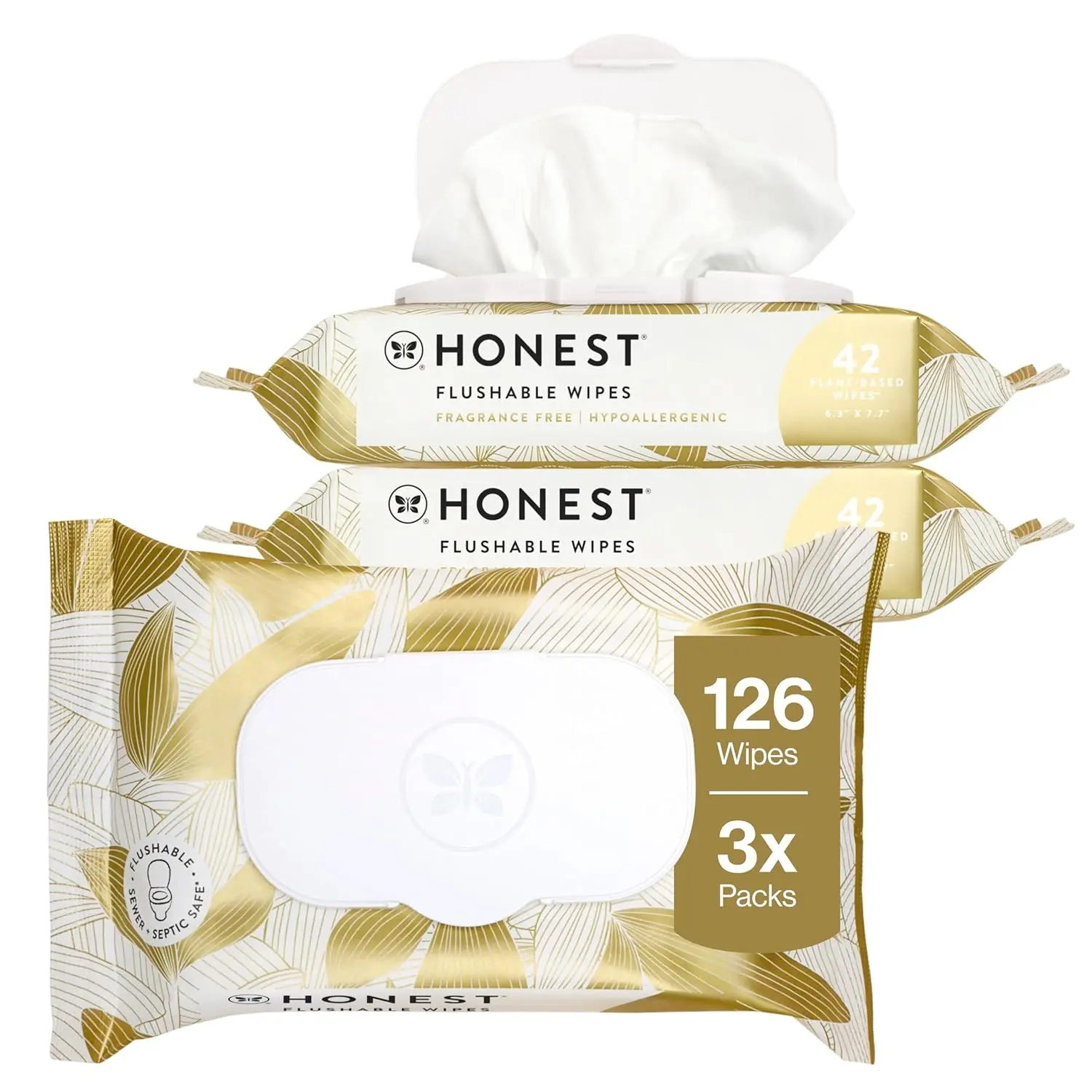 The Honest Company Flushable Sensitive Skin Wipes - Hypoallergenic, Fragrance-Free, Gilded Wings Design, Plant-Based, Dermatologist Tested, 3x Packs (126 Count Total), Purse-Friendly, Home Bathroom, Gym Bag Use