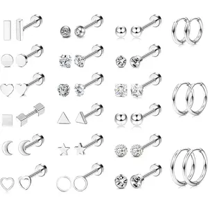 FINREZIO 21 Pairs Silvery Tiny Stainless Steel Cartilage Earrings for Women Men Screw Flat Back Earrings for Daily Wear Classic Cartilage Tragus Daith Helix Ear Piercing Set