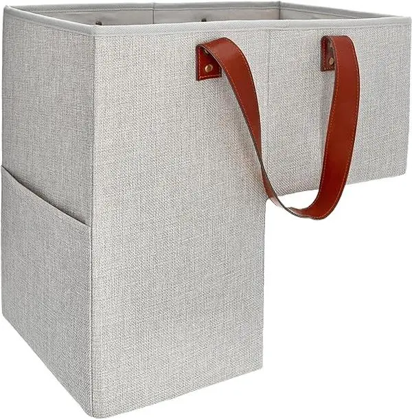 Stair Baskets for Carpeted and Wooden Stairs - 16” L x 9.5” W x 16” H Foldable Staircase Basket with Handles, Stair Step Storage Organizer for Home Office Decor (Grayish Beige)