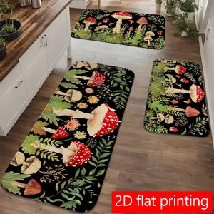 1/2/3pcs, Black background with red and green mushroom and floral 2D flat print, home décor, rug set, suitable for kitchens and bathrooms, soft and thick indoor entrance rug, non-slip bottom for easy cleaning, long rug, Botanical Area Rugs