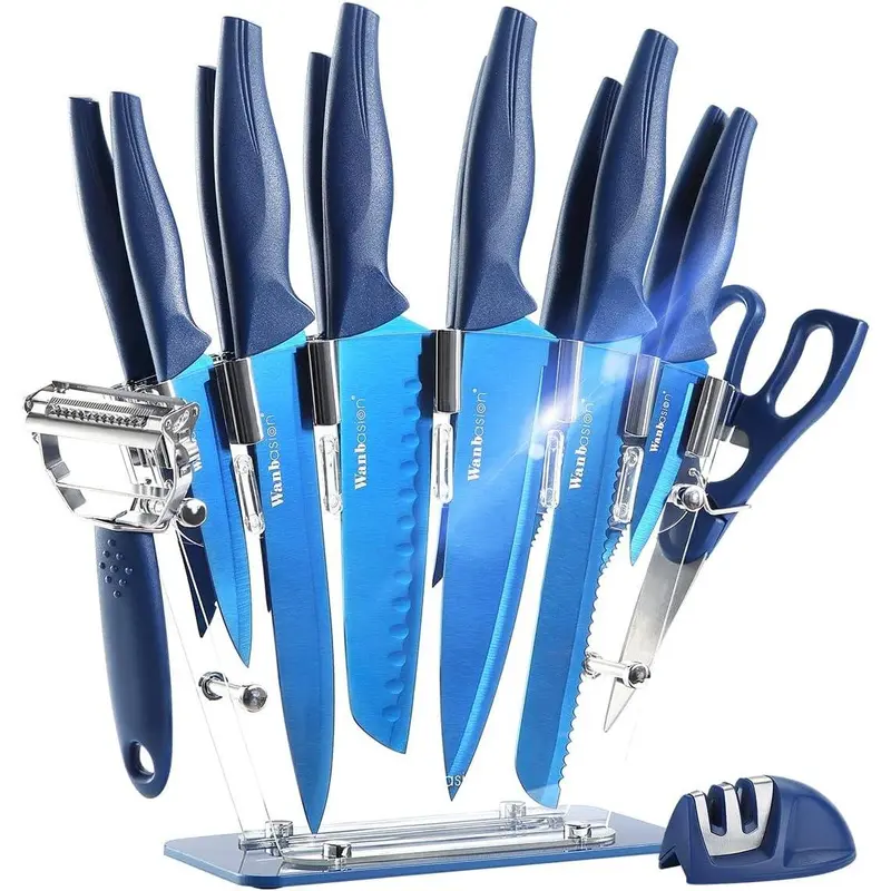 Wanbasion 16pcs Blue Kitchen Knife Set with Block, Stainless Steel Knives Set for Kitchen, Professional Chef Knife Sets for Kitchen with Sharpener Acrylic Block