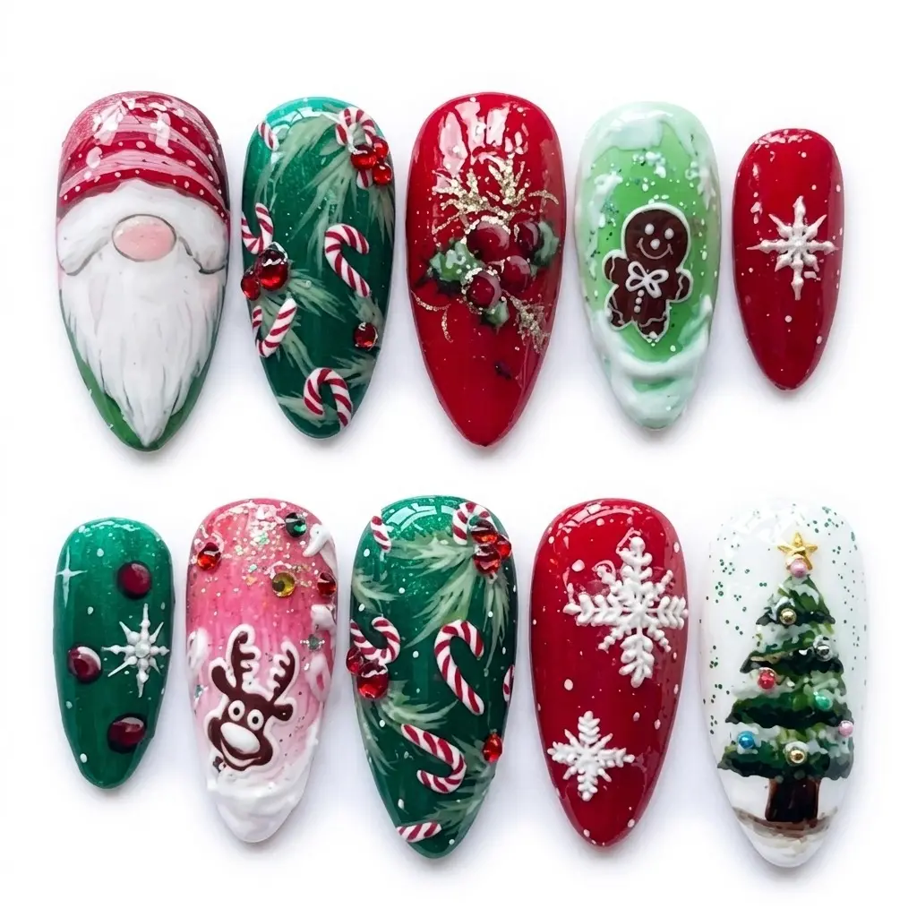 Cute Medium Almond Press-On Nails, Hand-Painted Santa Art, Candy Cane Accents, Festive Holiday Design, Hand-Painted Nail Set for Christmas
