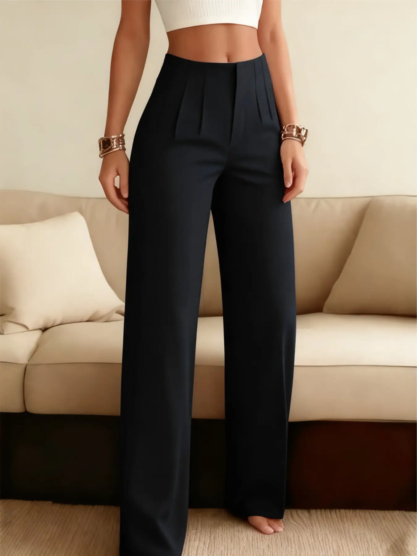 High-Waisted Pleated Wide-Leg Loose Suit Pants Women, European Chic Style Flowy Slimming Commuter Straight Leg Long Pants, Tall Person Floor-Length Casual Pants, Bottoms