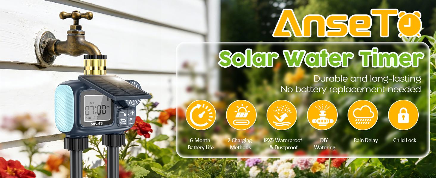 Solar Powered 2 Outlet Sprinkler Timer,Brass Inlet Programmable Garden Hose Timer with Rain Delay Auto Irrigation System,Plant Watering Devices,Garden Watering Timer#Summervibes