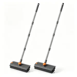 2-in-1 Long Handled Floor Cleaning Brush, Sweep & Scrub Combo with Ergonomic Handle, Heavy Duty Household Tool for Tile, Bathtub, Shower, Baseboard & Hard-to-Reach Corners, Thick Bristles Remove Stains, Grime and Mold Quickly