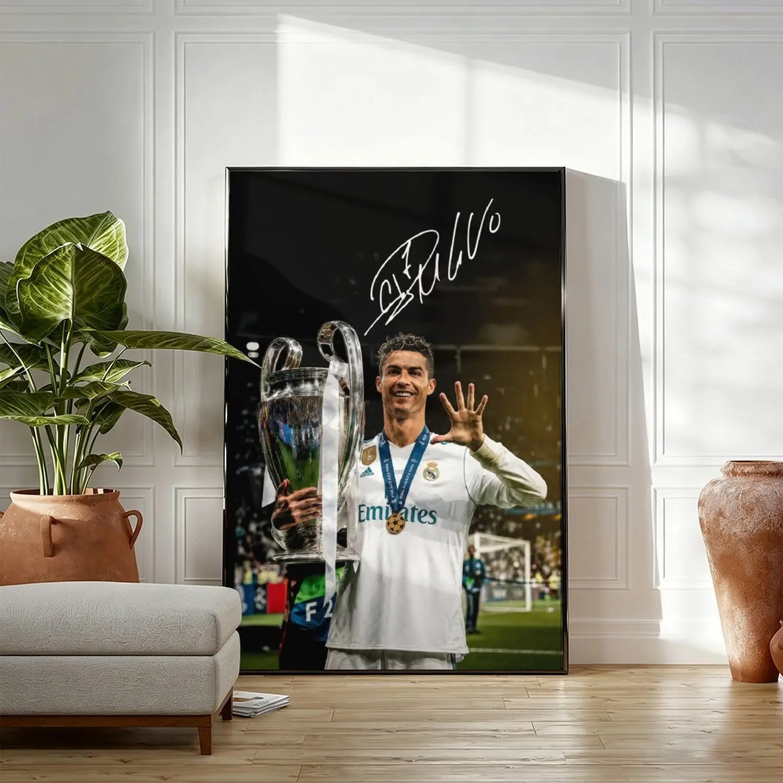Cristiano Ronaldo 5 Champions League Titles Signed Canvas Wall Art, Real Madrid Legend CR7 UCL Trophy Poster, Classic Football Soccer Decor for Man Cave Bedroom, Framed Unframed Multiple Sizes