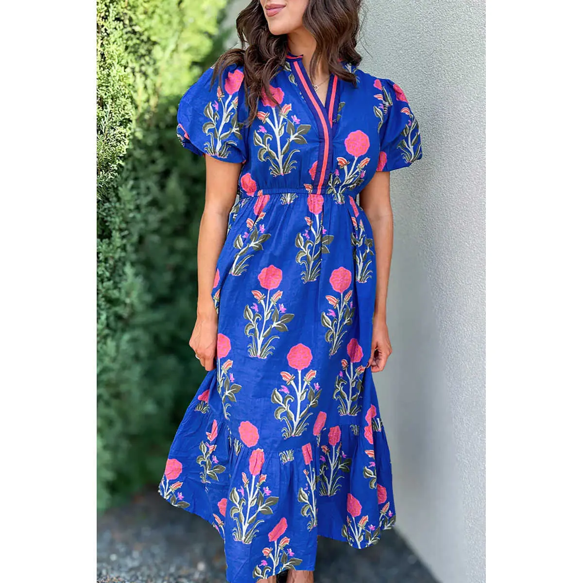 Sky Blue Floral Puff Short Sleeve V Neck High Waist Maxi Dress