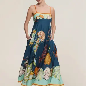 Laura Midi Length Sundress with Vibrant Coastal Sea Life Print on Deep Blue Background Featuring Jellyfish Coral Starfish and Seashells Available in Medium  size