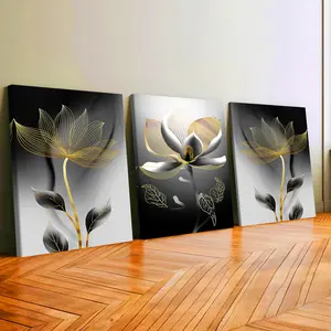 3Pcs Wooden Framed Canvas Painting, Gold Line Magnolia Flowers And Leaves Artwork, Exquisite Poster, Home Decoration, Pattern Wall Art Decor, For Living Room, Bedroom, Office, Restaurant, Bar Wall Decor, Waterproof, Odorless, Painting, Print Artwork.