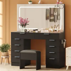 Makeup Desk, Vanity Desk with Lighted Mirror and Power Outlet, Vanity Table with 10 Drawers, Adjustable Lighting & Cushioned Stool for Bedroom