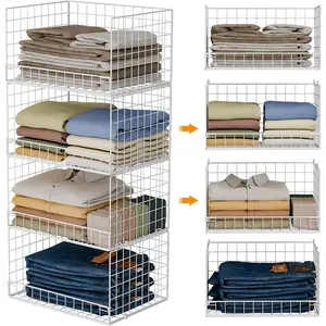 4-Tier Stackable Closet Organizers and Storage Basket, Foldable Closet Shelf Organizer System, Space-Saving Clothes Storage Drawer Organizer for Wardrobe, White