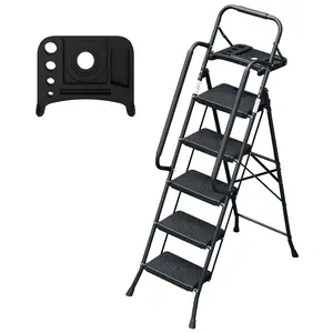 5 Step Ladder with Handrails Folding Step Stool 330 lb Capacity Steel Frame Non-Slip Pedals Tool Platform for Adults Portable Home Kitchen