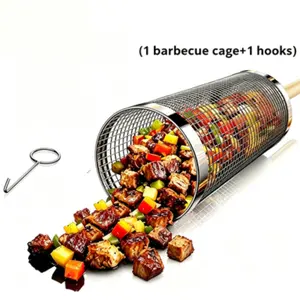 BBQ Tool Kit, Barbecue Utensils, Portable BBQ Cooking Grill Basket Equipped with Hooks and Ergonomic Handle, Heavy Duty Outdoor Barbecue Basket Ideal for Camping, Picnic and Daily Outdoor Barbecue Use.