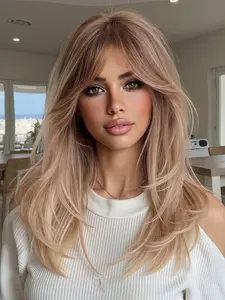 16 Inch Apricot Color Bangs Medium Length Straight Pre Styled Wig, Synthetic Heat Resistant Fiber, Suitable for Women Daily, Party, Festival, Travel, Music Festivals, Synthetic Hair Wig, Synthetic Material Wigs