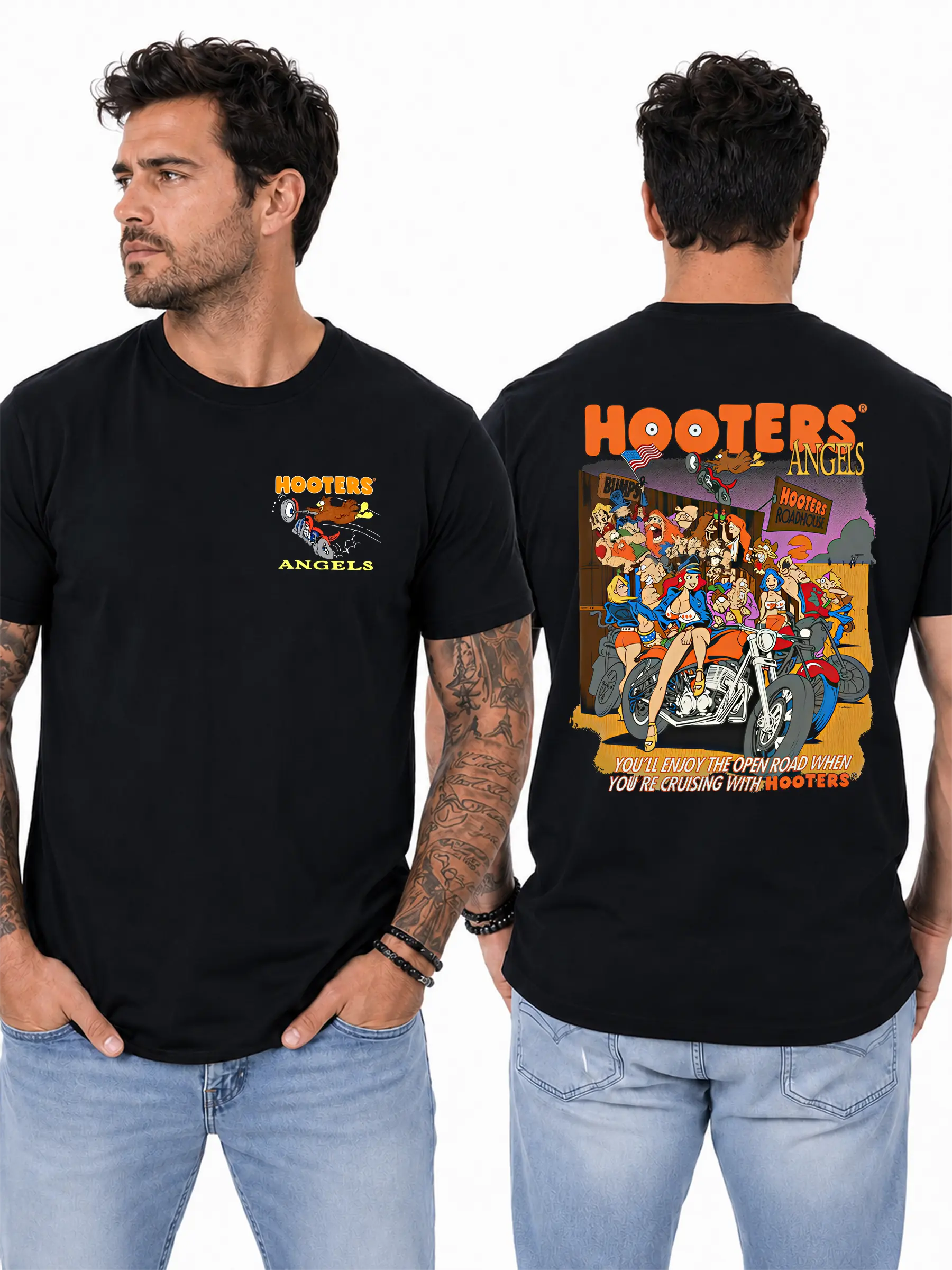 Hooters Angels Motorcycle T-Shirt, Biker Graphic Back Print Tee, Vintage Road Trip Illustration Shirt, Motorcycle Club Style Shirt Design