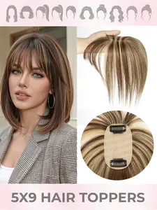 5X9 Real Human Hair Toppers for Women, Black, Brown, Featuring Thining Straight Hair with Bangs, Designed to Enhance Your Style, Perfect for Different Events