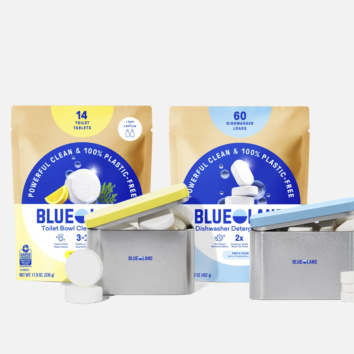 Blueland Dishwasher & Toilet Bowl Cleaner Kit, Mineral & Plant-Based Tablets with Storage Tins, Fragrance-Free & Lemon Cedar