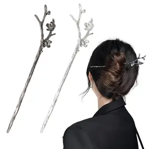Vintage Retro Hair Stick Hairpin Long Hair Pins Hair Chopsticks Chinese Hair Sticks for Buns 2Pcs Metal Hair Fork Hair Accessories for Women Girls Decorative for Hair (Silver & Black)