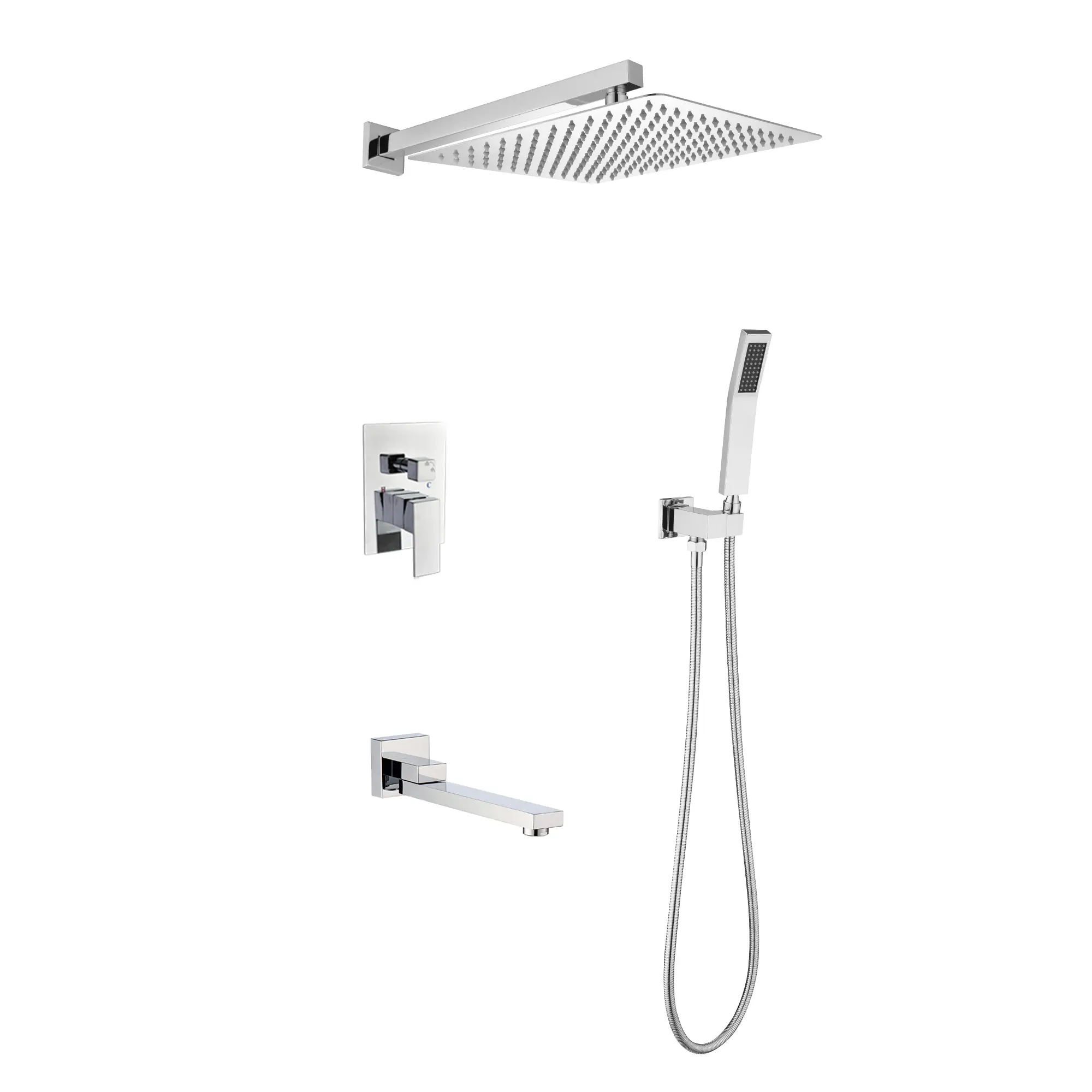 Wall Mounted Shower System Combo with Hand Shower, 12 Inch Rain Shower Head and Tub Spout, Modern Bathroom Shower Fixture Set, Brushed Nickel Finish, Complete Shower Kit for Master Bath or Guest Bathroom Remodel, Bathroom Shower Door
