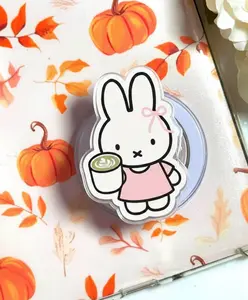 Cute White Bunny Holding Green Tea Phone Grip, Minimalist Cartoon Rabbit Acrylic Stand, Sweet Holiday Gift Idea For Teen Girls