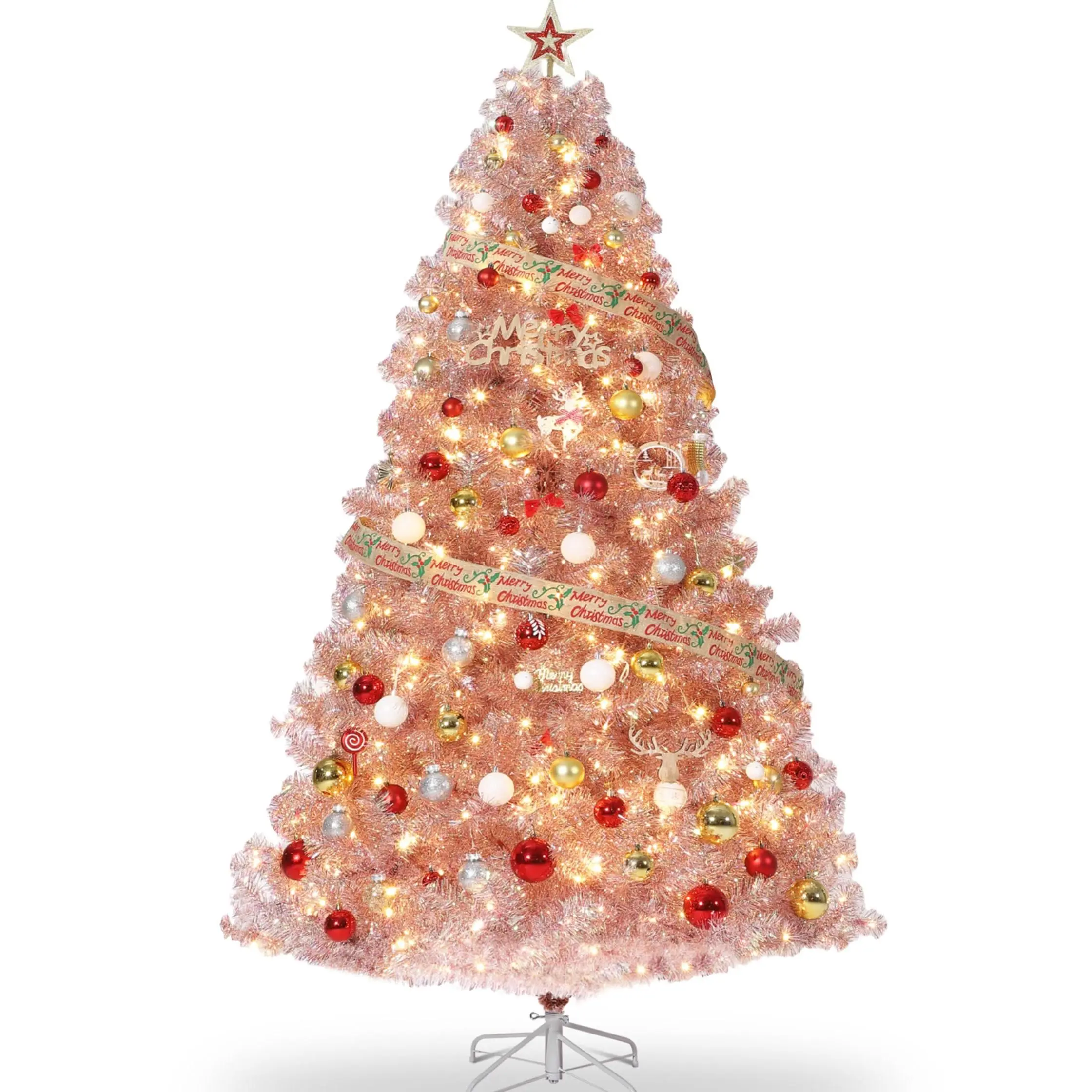 7.5 ft Prelit Artificial Christmas Tree, Rose Gold Tinsel Fake Christmas Tree with 450 Warm White LED Lights, Metal Stand & 1180 Branch Tips for Home, Office, Xmas Party Decor, Gold