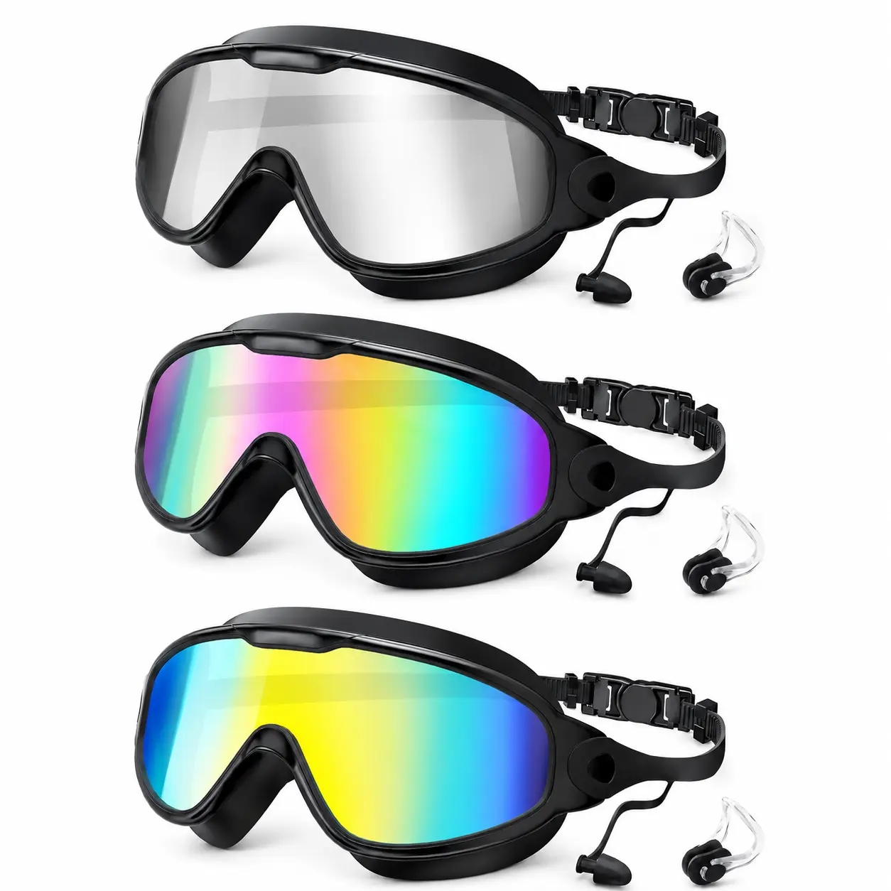 2-Pack Adult Swim Goggles with Wide View & UV400 – Anti-Fog, Leak-Proof, Includes Nose Clips, Unisex for Outdoor Water Sports