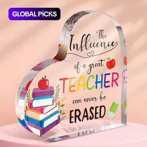 Acrylic Heart-Shaped Desktop Ornament, 1 Count Book & Letter Pattern Acrylic Plaque for Teachers, Teacher Decor, Office & Classroom Desk Souvenir #GLOBAL PICKS