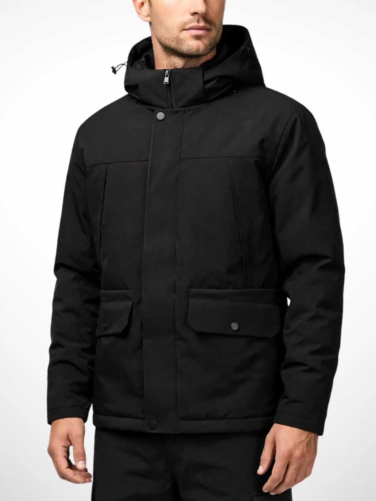 Men’s Polyester Fleece-Lined Hooded Parka - Menswear Coats, Outerwear, Minimalist Plain Outdoor Workwear Top with Multi-Pockets
