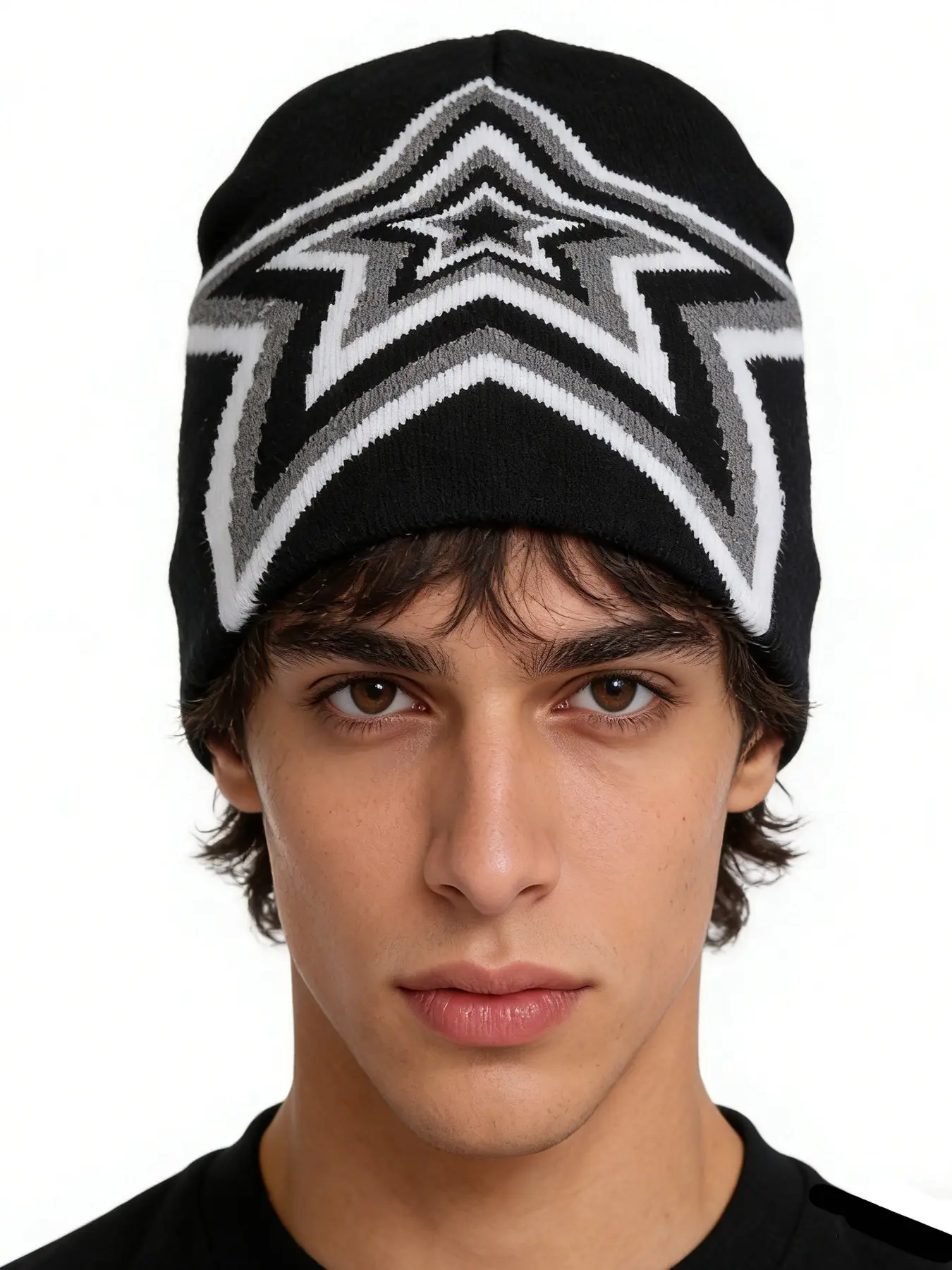 High Street Style Gradient Star Knit Hat Beanie, Layered Five-Pointed Star Jacquard, Autumn Winter Punk Fashion Warm Trendy Accessory, Beanie Hats