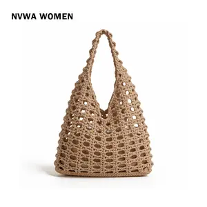 The Boho Crochet Tote - Elegant Beige Macrame Net Bag with Inner Lining for Summer Beach Market