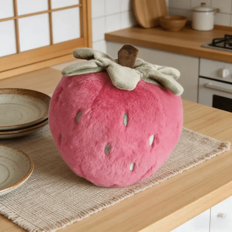 Soft pink strawberry plush toy, with leaf and seed details, perfect for cuddling or as a decoration