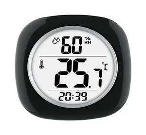 212 MAIN Digital LCD Thermometer-Hygrometer, Black Plastic Kitchen Gadget with Digital Readout for Indoor Temperature, Time Measurement