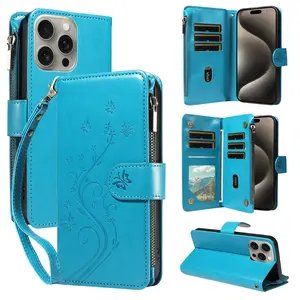 Magnetic Wallet Case for iPhone 16 Pro Max/15 Pro Max/14/13/12/11 Smartphone, Card Holder with Lanyard, Press Money Bag Design, Durable Material