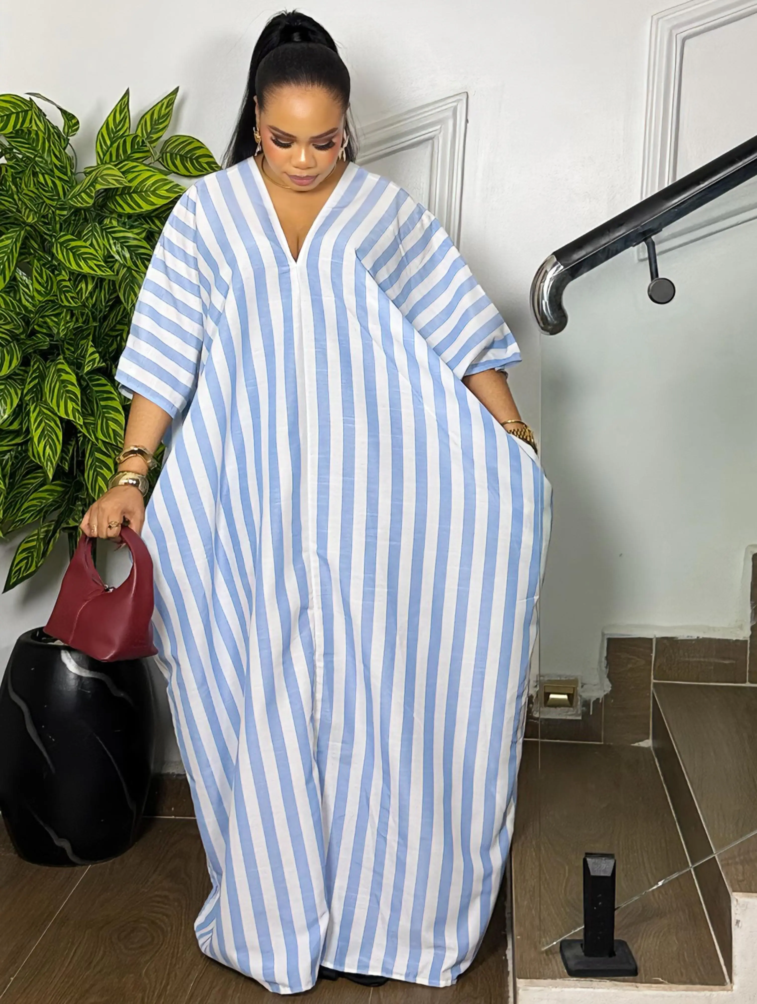 SANTORINI STRIPED LINEN DRESS (BLUE)
