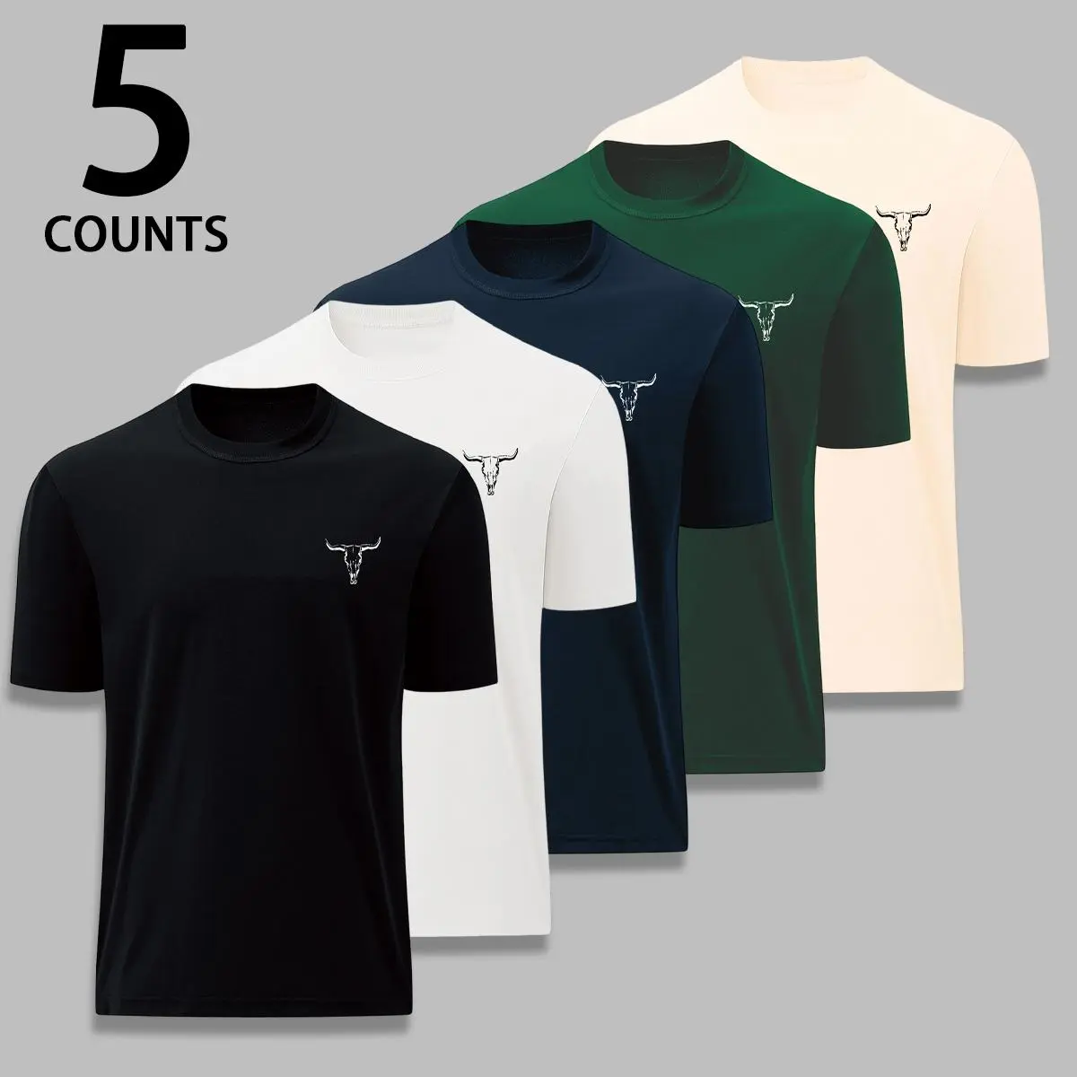 Men's 5-Pack Casual Short Sleeve Round Neck Fitted T-Shirts - Soft Chic Basics with Assorted Bull Head Graphic Print & Plain Designs, Streetwear Style