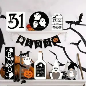 12pcs Farmhouse Rustic Tiered Tray Decorating Set, Wooden Sign Tabletop Decor, Happy Halloween Spooky Style Centerpiece Tray