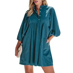 Asvivid Womens Fall Fashion Corduroy Snap Buttons Empire Waist Bracelet Sleeve Plain Dress with Puff Sleeves Casual Dresses Autumn Clothes
