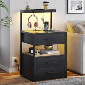 Sikaic Nightstand with Charging Station and LED Lights, LED Night Stand with 2 USB Ports and 2 AC Outlets, Modern End Table with 3 Drawers, Bedside Table with Open Storage for Bedroom