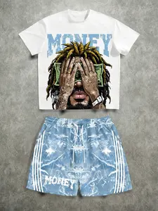 Men's 2-Piece Set, Graphic Print T-Shirt + Camouflage Shorts, Streetwear Hip-Hop Style, Loose-Fit Casual Summer
