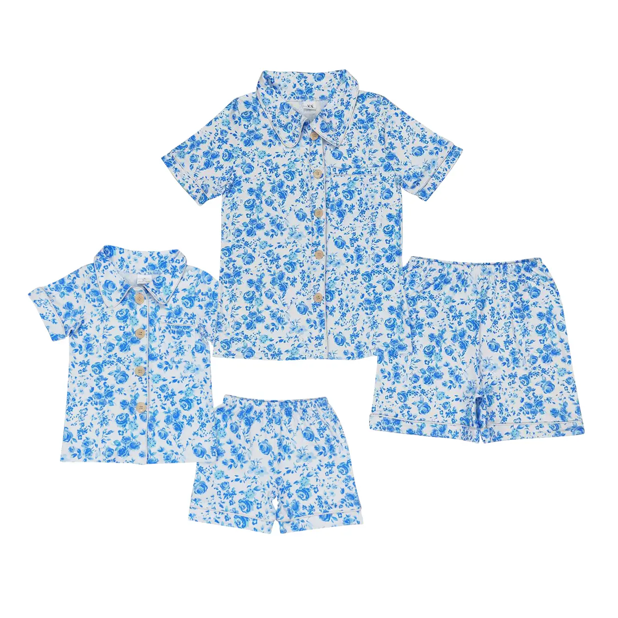 Pajama Sets for Women and Kids, Mom and Me Matching 2-Piece Soft Cotton Loungewear, Blue Floral Print Short Sleeve Top and Shorts, Pajama Sets Women